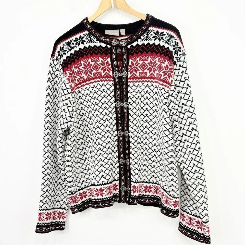 Croft & Barrow White Black Red Fair Isle Holiday Winter Ski Cardigan Sweater